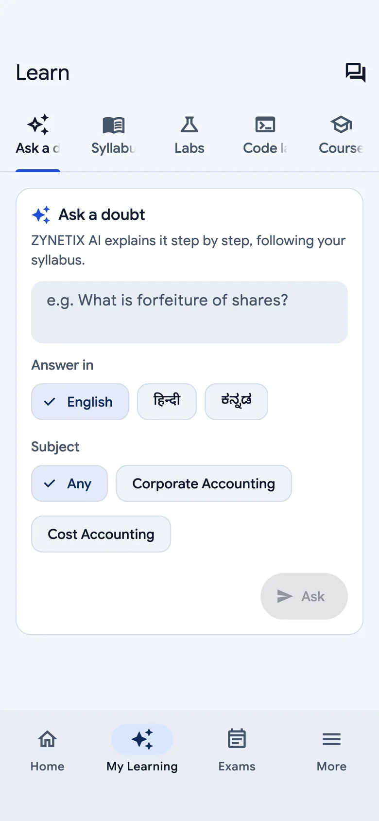 Student app: ask a doubt in English, Hindi or Kannada
